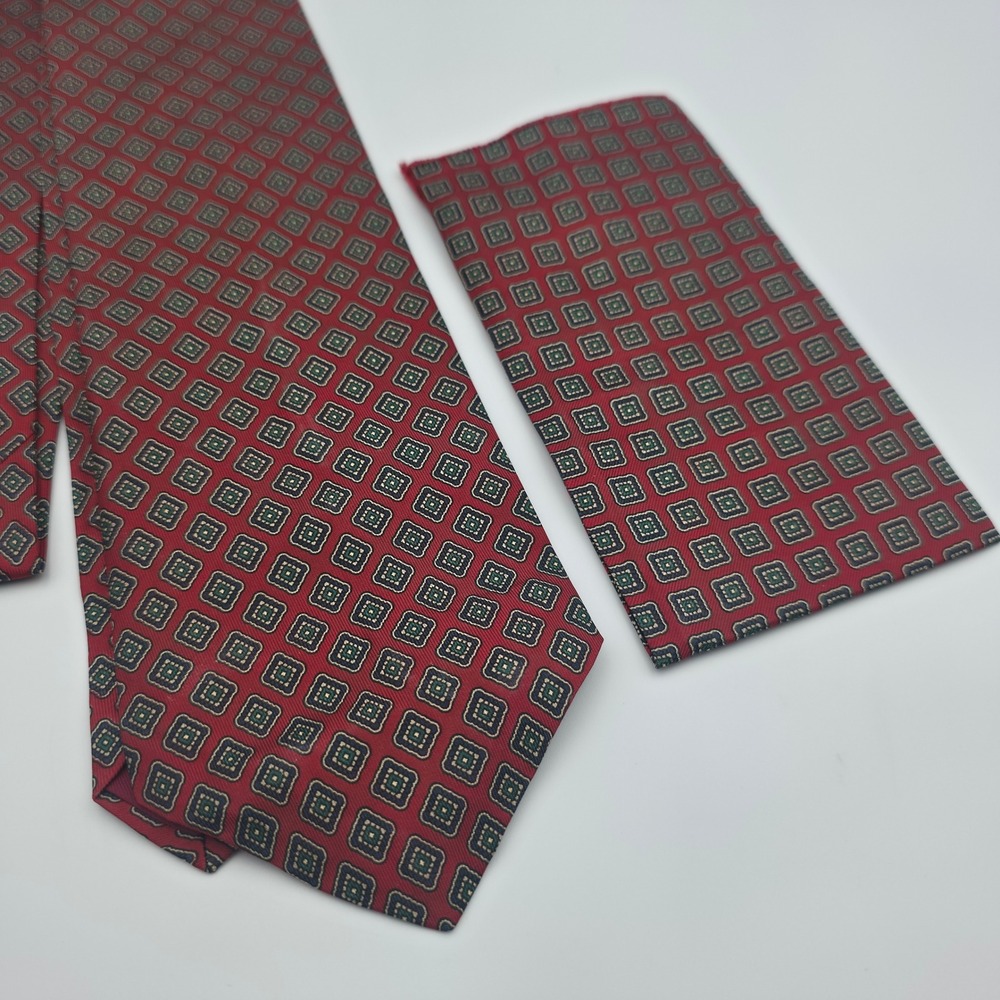 Vintage Hardy Amies London Silk Tie and Pocket Square Set Burgundy Geometric